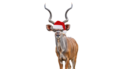 African Kudu Antelope Wearing Red Santa Hat for Christmas Holidays isolated PNG with Transparent Background