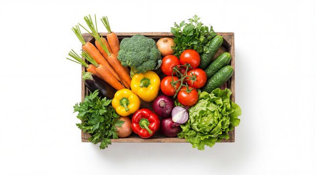Fresh vegetables in wooden box isolated on white background. Top view.