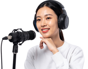 Female streamer resting chin on hand while engaging in friendly conversation with viewers, isolated on a transparent background, PNG