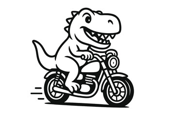 Cartoon dinosaur riding a classic motorcycle with motion lines