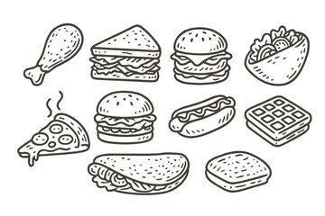 Hand drawn collection of popular fast food icons including pizza slice and burgers
