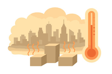 Thermometer showing high temperature above city skyline illustrating heat island