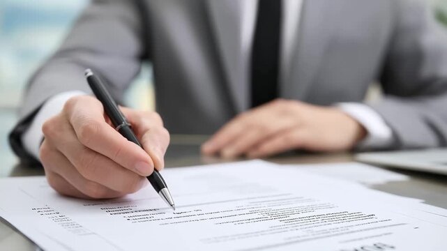 Business professional signs important documents in modern office setting during daytime