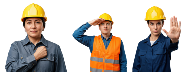 Three diverse construction workers, two women and one man, wearing yellow hard hats and work uniforms, posing with patriotic and safety gestures on transparent background.
