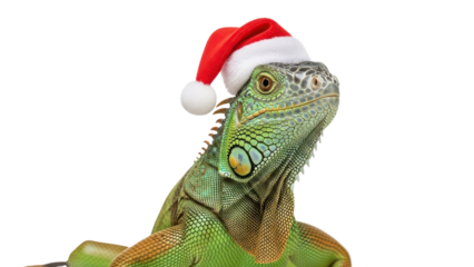 Green Iguana wearing a red and white Santa hat, Christmas holiday concept isolated PNG with Transparent Background