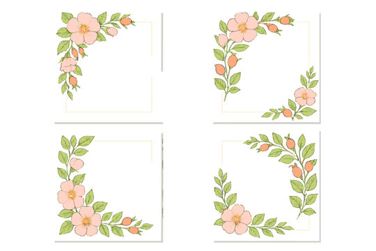 Four pink wild rose flower and berry corner borders for elegant design