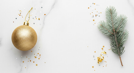 Golden Christmas Ornament and Pine Branch on Marble Background, Festive Holiday Decoration