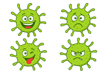 Four cartoon green microbe characters with distinct facial expressions