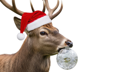 Deer wearing Santa hat holding clear Christmas ornament in mouth isolated PNG with Transparent Background