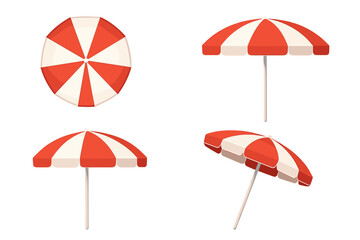 Beach umbrella set with red and white stripes shown from multiple perspectives