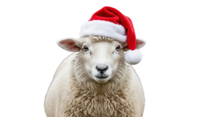 Funny White Sheep Wearing Red Santa Hat for Christmas Holiday Season isolated PNG with Transparent Background