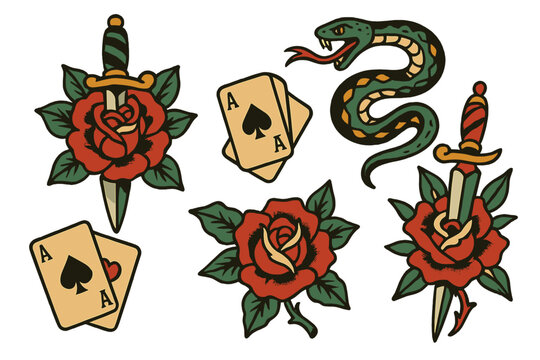 Traditional tattoo flash set featuring rose dagger snake and playing cards