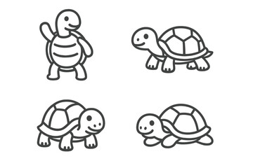 Four cute cartoon turtle icons in simple outline style