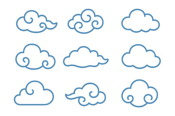 Nine stylized Asian ornamental cloud line icons with blue outline