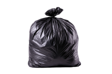 Full black garbage bag tied at the top ready for disposal or waste management isolated on transparent background