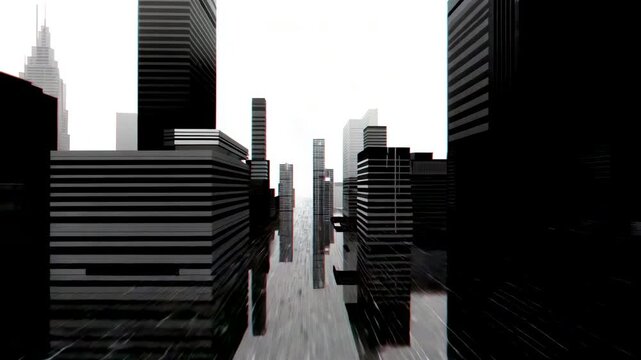 Monochrome cityscape of tall block-shaped buildings arranged in narrow rows beneath a bright white sky with sharp shadows