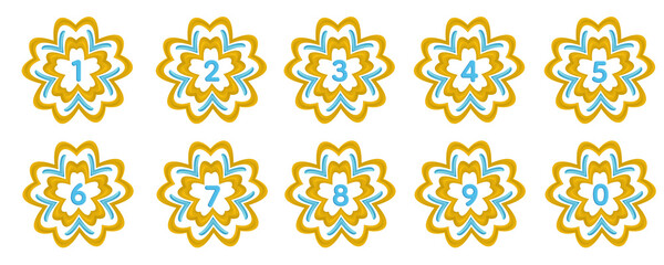 A luxurious decorative number set from 0 to 9, each displayed inside a glowing blue-and-gold neon floral emblem. The radiant layered petal frame creates a premium and eye-catching design 