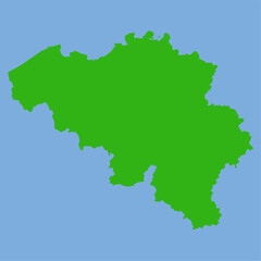 Green silhouette map of Belgium in a simple flat vector style showing its Western European shape and regional outlines