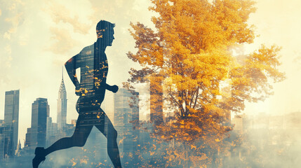 Double exposure silhouette of a running man blending vibrant city skyscrapers with golden autumn park trees, merging nature and urban energy-1