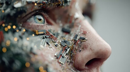 Human face with embedded circuit board elements electronic components adorn facial skin creating a cyborg effect