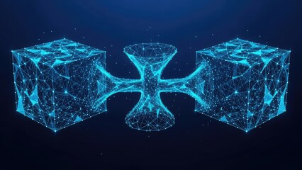 Abstract glowing blue geometric cross shape with two crystal cubes on a dark futuristic background