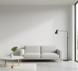 Bright White Room Interior with Sofa, Marble Table, and Floor-to-Ceiling Window