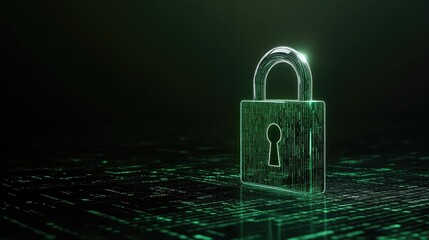 glowing, complex digital padlock icon floating in front of a background of streaming green matrix code, symbolizing cybersecurity and encryption, dramatic backlighting, volumetric haze.