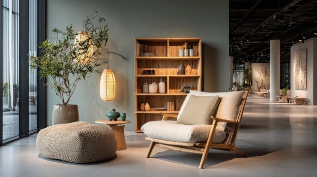 Empty modern furniture showroom Scandinavian design light wood tones and soft diffused lighting