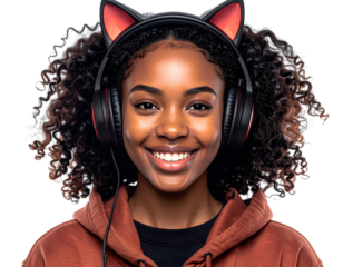 Female streamer wearing cat-ear headset and giving playful wink toward camera, isolated on a transparent background, PNG