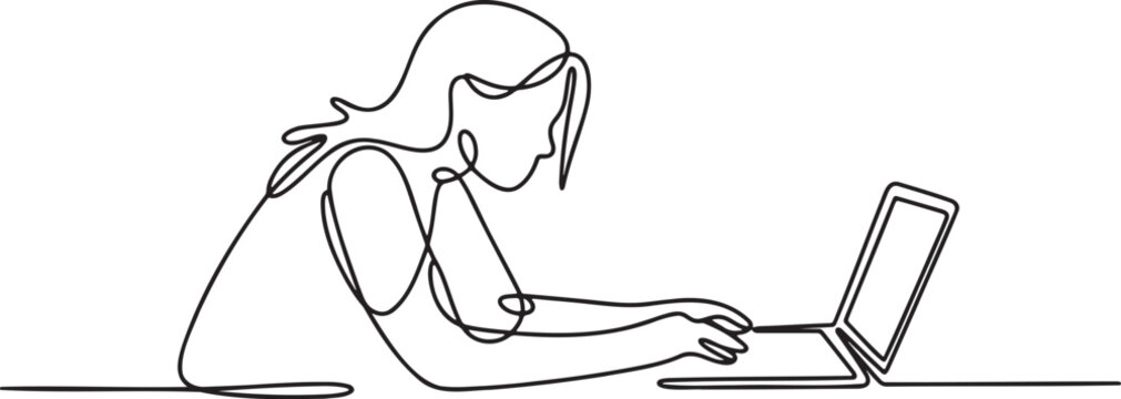 Continuous line art of woman working focused on laptop computer illustration