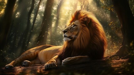 Regal male lion resting in a shaded forest area his mane highlighted by streaks of sunlight filtering through the trees with a peaceful and powerful expression on his face