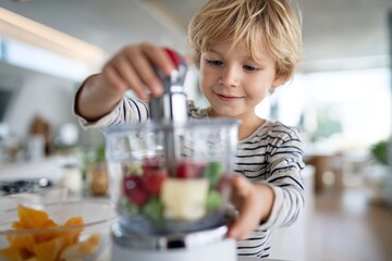 Close-up of a happy, young, blonde boy adding fresh fruit and vegetables to a small food processor in a bright, modern kitchen for cooking and healthy eating concepts
