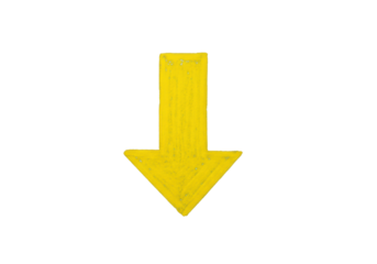 Single vibrant chrome-yellow hand-drawn arrow with thick waxy crayon texture pointing down-left, centered on a smooth transparent background. Instructional symbol concept