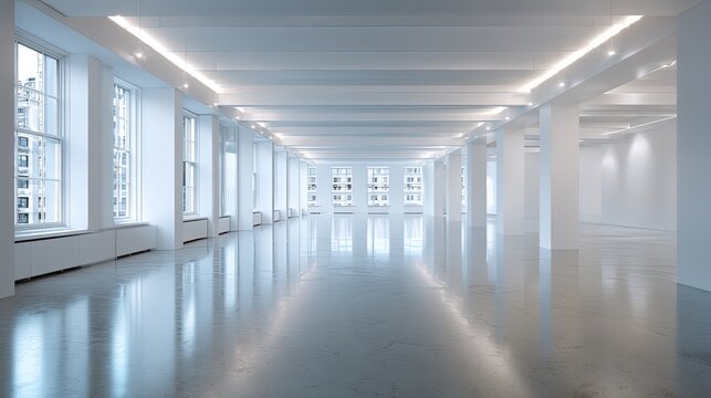 An empty modern showroom with sleek white walls polished floors and minimalist lighting bathed in soft natural light