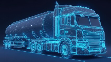 Futuristic blue wireframe hologram of a tanker truck on a dark background