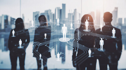 Futuristic Professional Network Concept with Diverse Silhouettes and Digital Connections