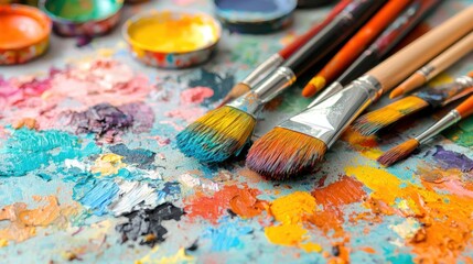 Obraz premium A collection of paintbrushes and paint cans arranged on a canvas, with a variety of colors and brush strokes.