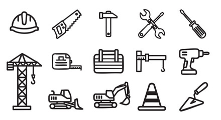 Obraz premium Construction and building tools icons in black and white vector format