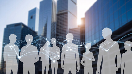 Futuristic Silhouetted Community with Digital Connections Against Urban Cityscape