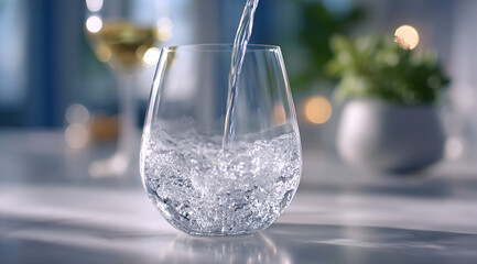 Clean water is poured into a glass.