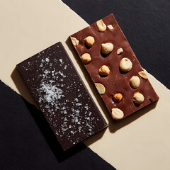 Two chocolate bars on split background, dark chocolate with sea salt and milk chocolate with hazelnuts
