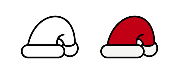 Santa Hat Icon Set in Red and Outline Style, Christmas Holiday Hat Graphic, Festive Winter Symbol Pack, Santa Cap Vector Illustration.