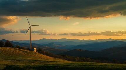 Obraz premium Wind turbine on grassy hill overlooking layered mountains at sunset