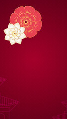 Red and white flowers with Chinese House on a Red background