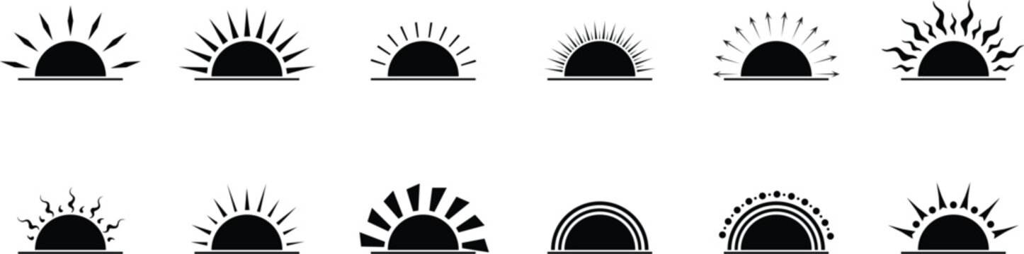 Black sunrise icons set showing horizon with sun rays in different phases minimal flat design silhouette style vector illustration for web and graphic design projects