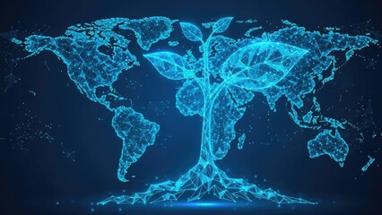 Glowing blue digital tree of life growing from a connected world map network on dark background