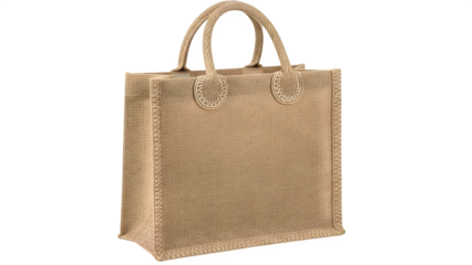 Woven jute tote bag with handles, isolated on transparent background