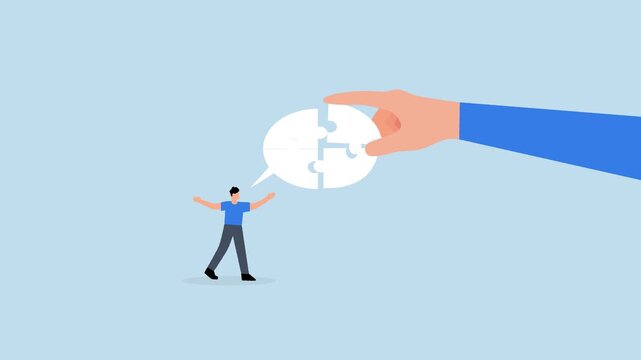 Complete communication speech bubble, 4k animation of businessman hand help connect jigsaw on speech bubble.