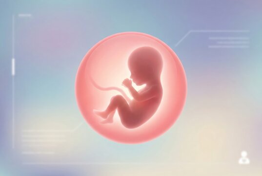 Human fetus developing inside a transparent pink womb, depicting scientific research, fertility treatment, and the beginning of life on a gradient background