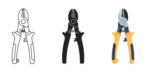 Three bolt cutters icons outline, silhouette, and color illustration